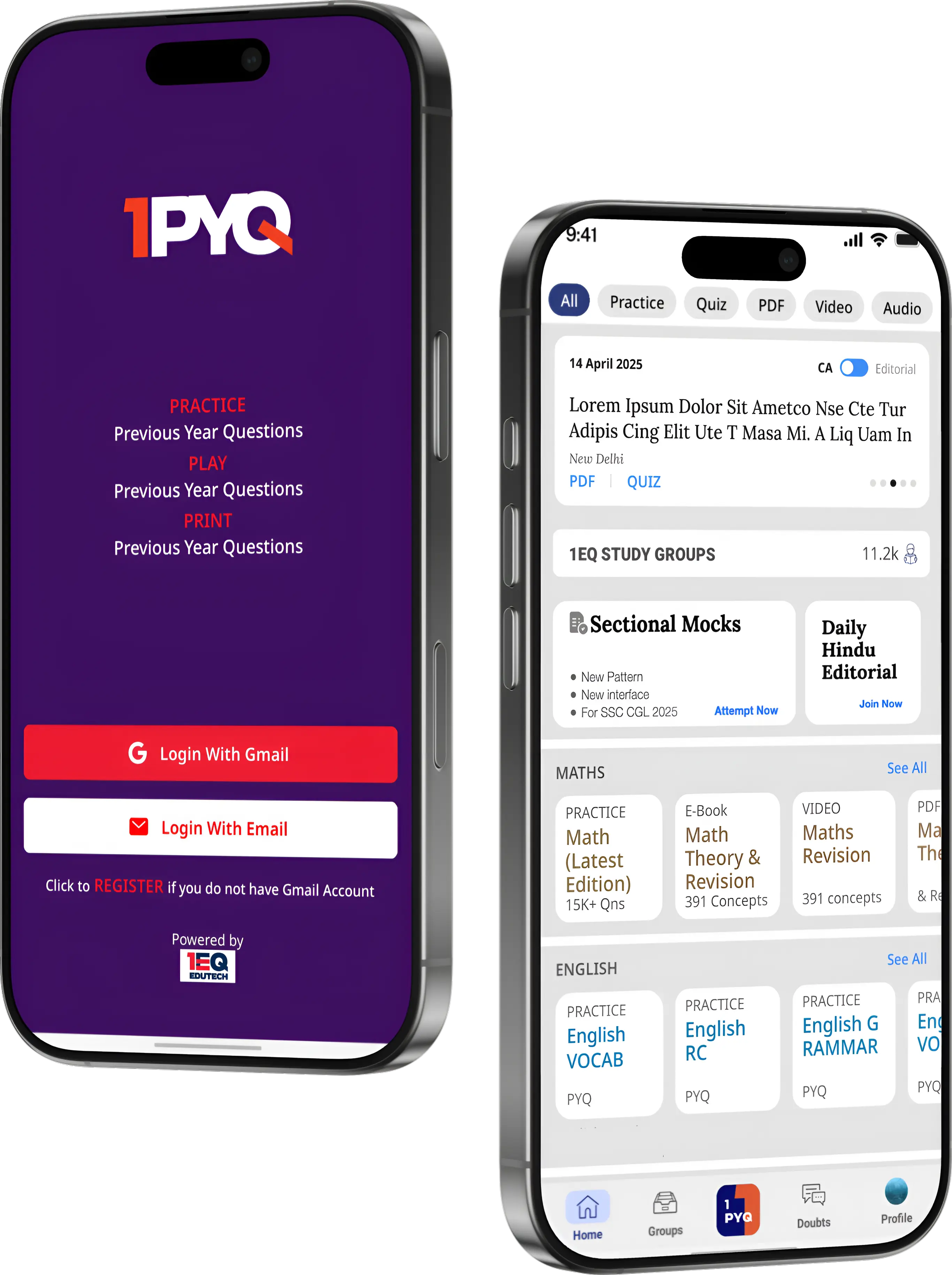 1PYQ mobile app showing exam practice interface